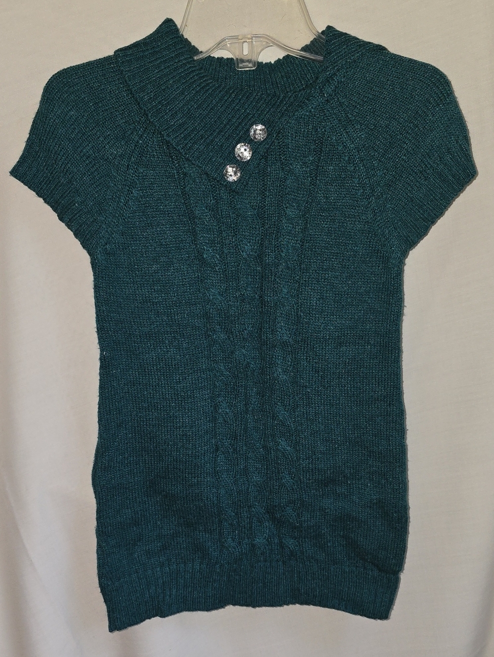 Girls' Short-Sleeve Cable Knit Tunic Dress in Teal with Button Accent